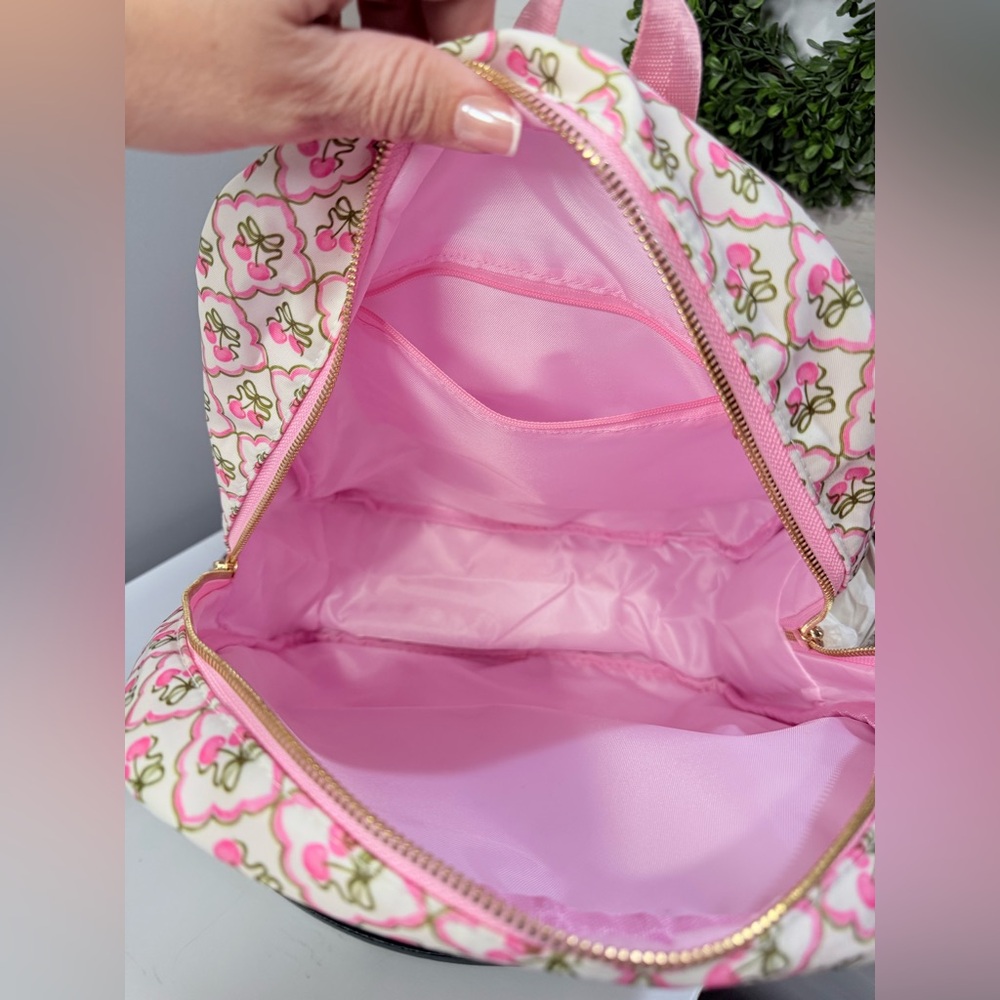 Kawaii Cherry Bow Diamond Pattern Backpack White‎ Pink Red 15”x12”x5” NWT - Picture 7 of 8